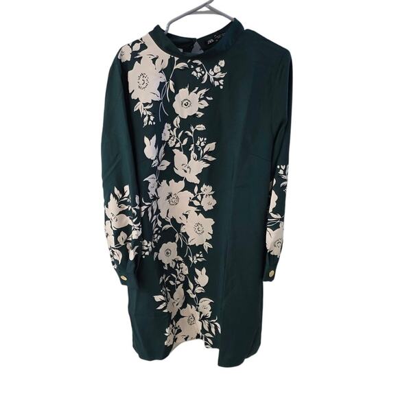 Zara Forest Green & Cream Floral Printed Long Sleeve Dress - XXL - Picture 1 of 7